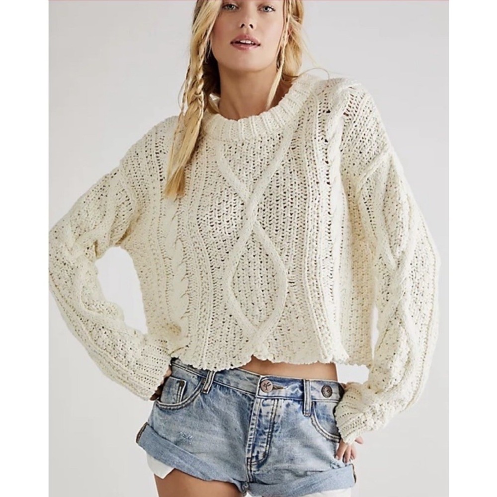 Free People XS Cutting Edge Cream Cable Knit Crop Sweater 100% Cotton Boho